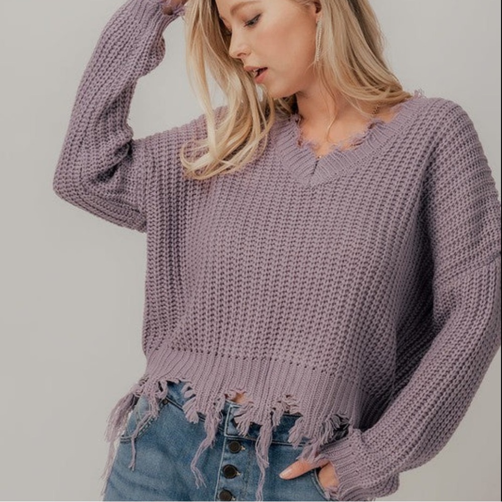 Love Tree Womens Distressed‎ Pastel Purple Lilac V Neck Knit Sweater Small S - Picture 2 of 7